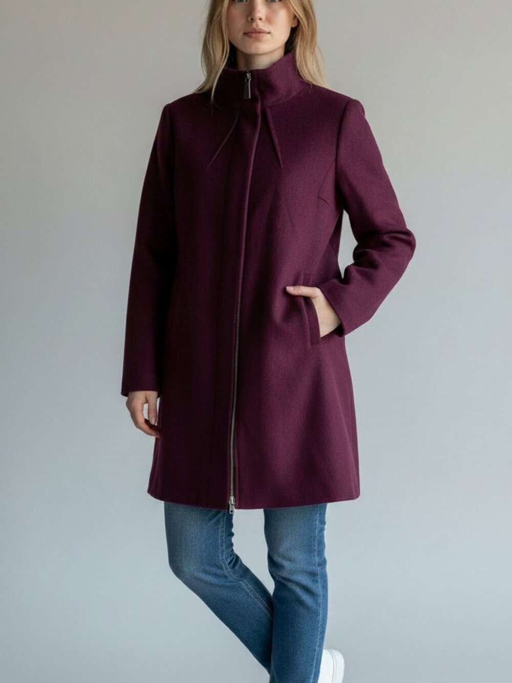 Sofia Cashmere Burgundy Wool Blend Stand Collar Short Coat Size L
